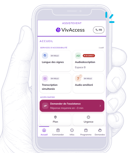 L'application AssistEvent sur un téléphone : services d'accessibilité en veille et en direct, demande d'assistance, plan et urgence