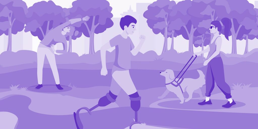 Image illustrant des personnes en situation de handicap réalisant des activités de loisir dans des espaces naturels